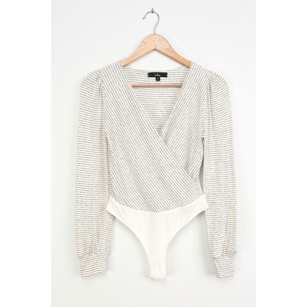 Lulus Always Welcome White Striped Surplice Long Sleeve Bodysuit - Size S